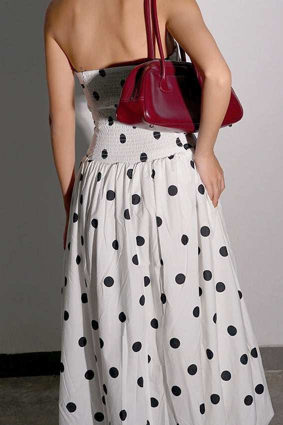 Polka Dot Strapless Ruched Bubble Hem Midi Dress