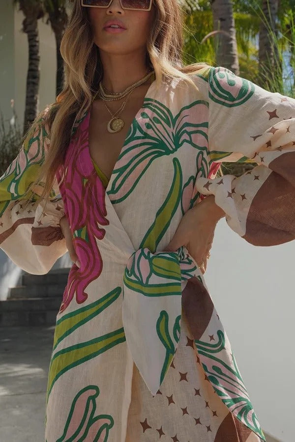 Tracey Linen Blend Unique Print Balloon Sleeve Tie-up Tunic Maxi Dress - Fashionpara