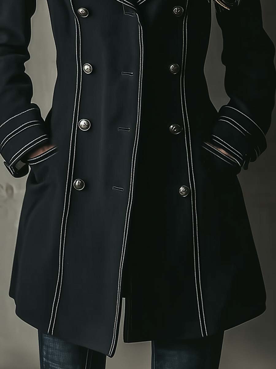 Black Double-Breasted Military Coat With Contrast Stitching - Fashionpara