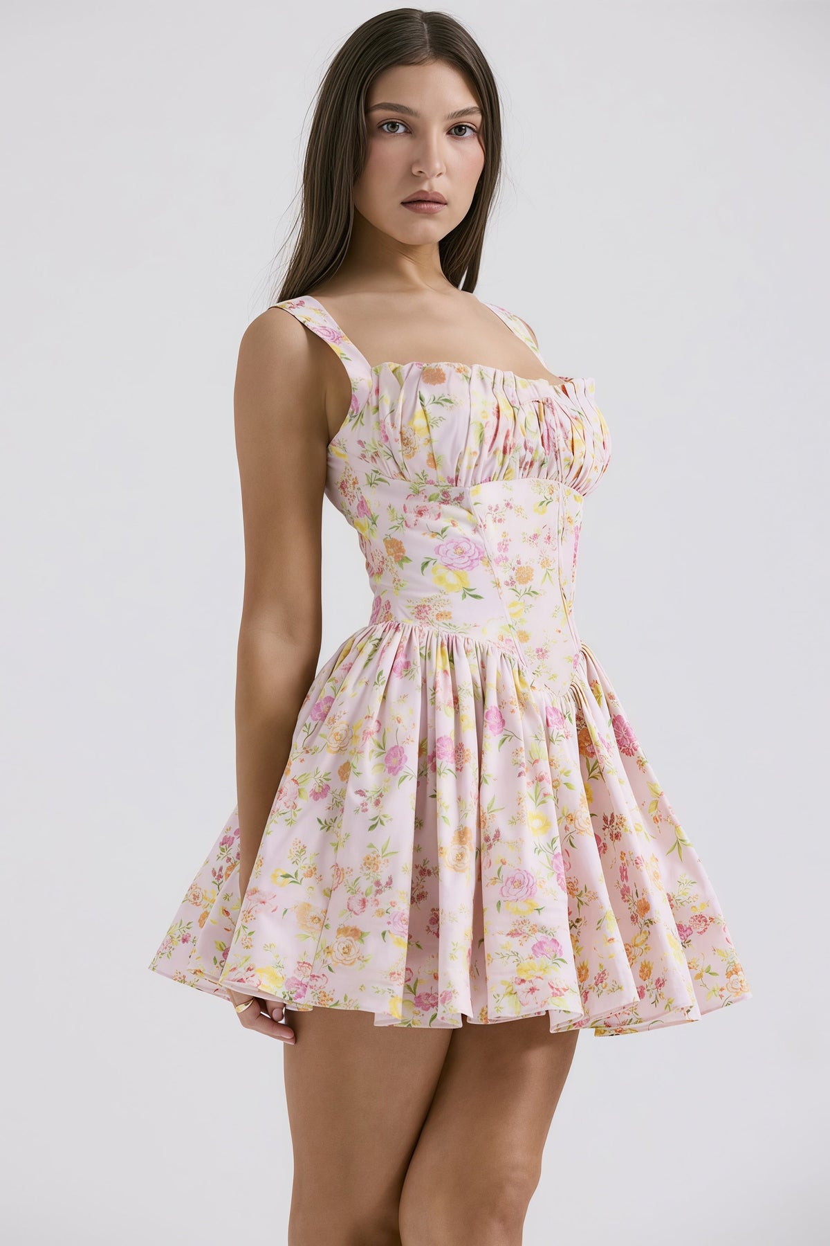 Floral Corset Square Neck Tie Front Flared Mini Dress
