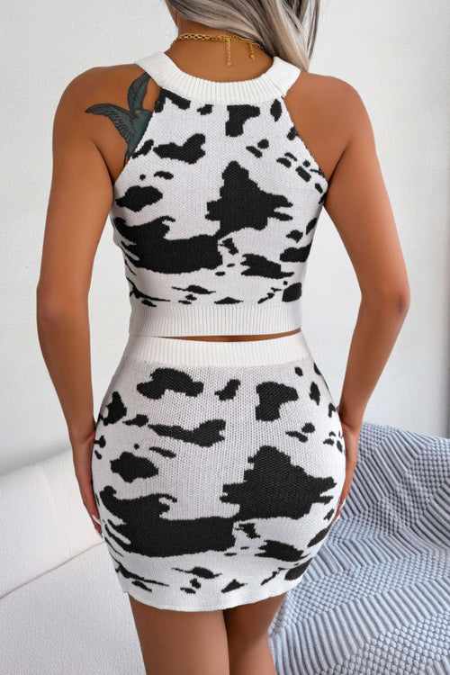 Animal print Contrast Sleeveless Knit Top and Mini Skirt Set  Fashionpara