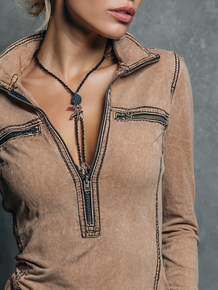 Retro Half Zip Collar Pocket Blouse - Fashionpara