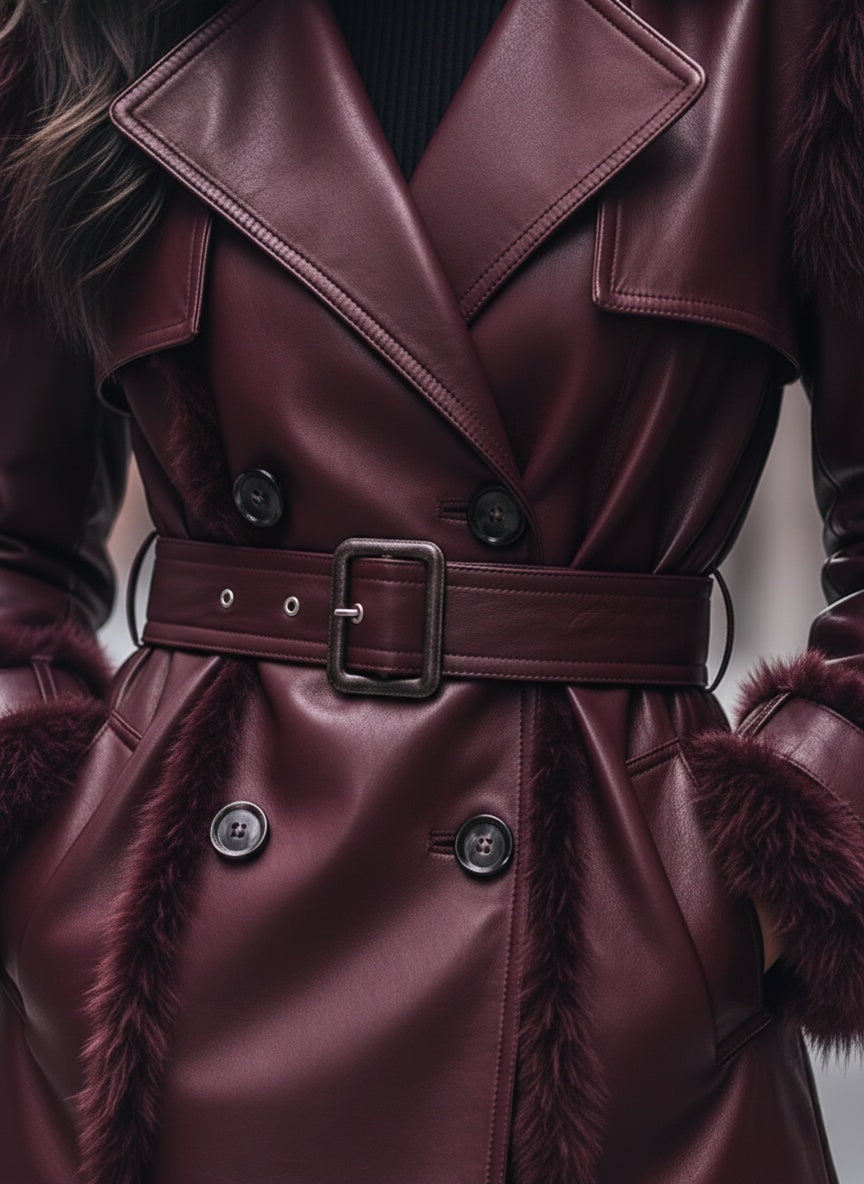 The Luxe Mulberry Fur-Trimmed Leather Coat