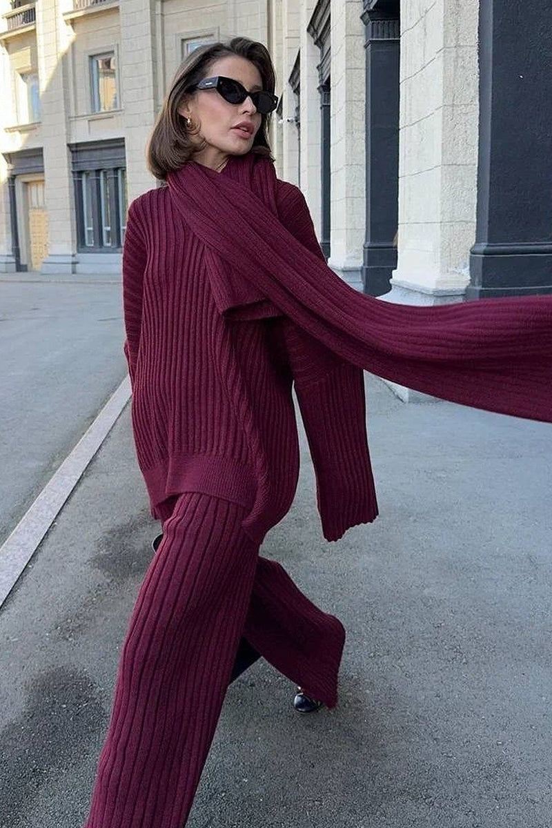 Relaxed Fit V Neck Ribbed Sweater with Pants Two Piece Pants Set