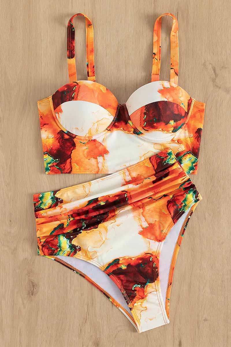 Marble Print Ruched Push Up Two Piece Swimsuit - Fashionpara