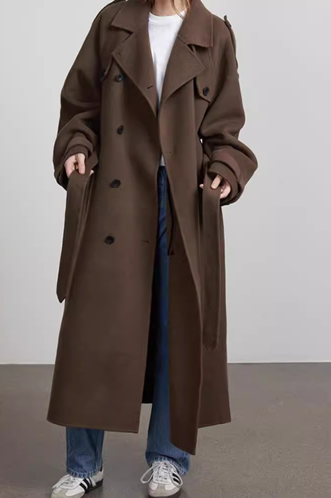 Notched Lapel Long Wool Cinch Belt Overcoat - Fashionpara
