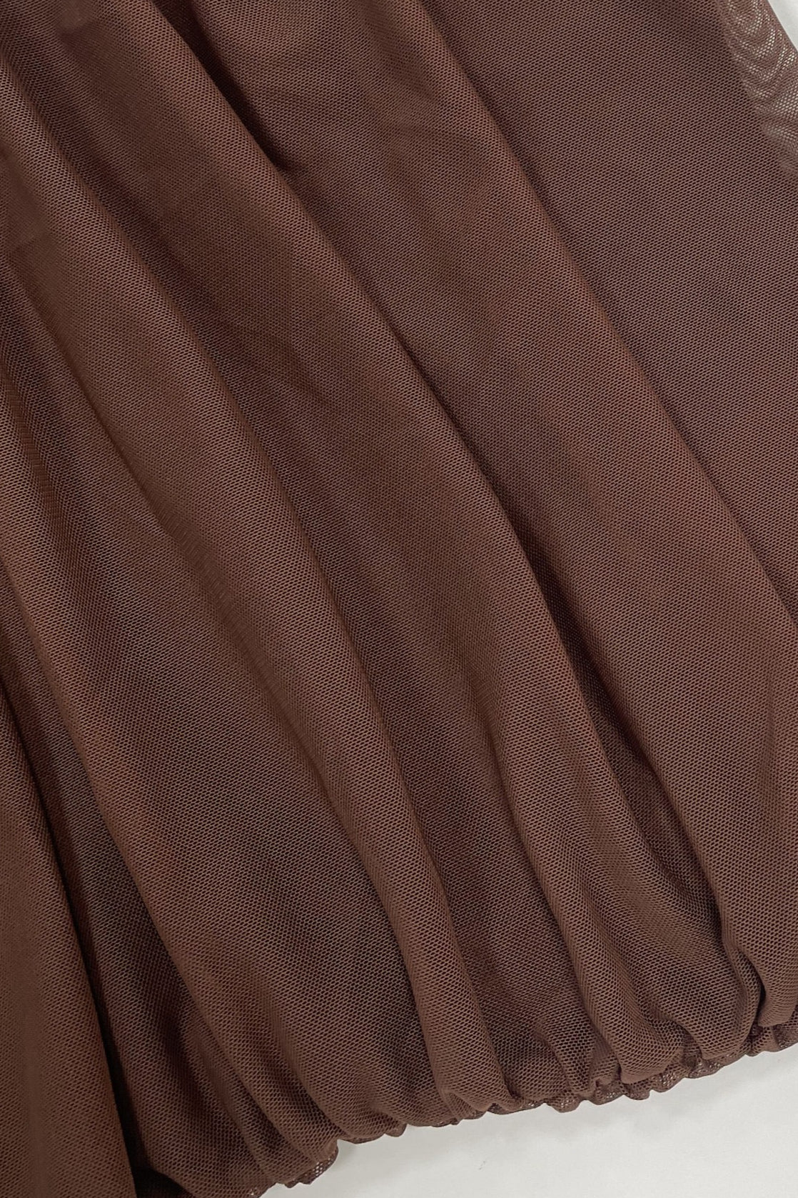Strapless Ruched Ruffle Hem Mesh Maxi Dress