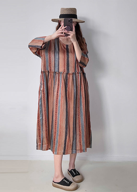 Vertical Stripe Round Neck Long Sleeve Empire Waist Midi Dress - View 3
