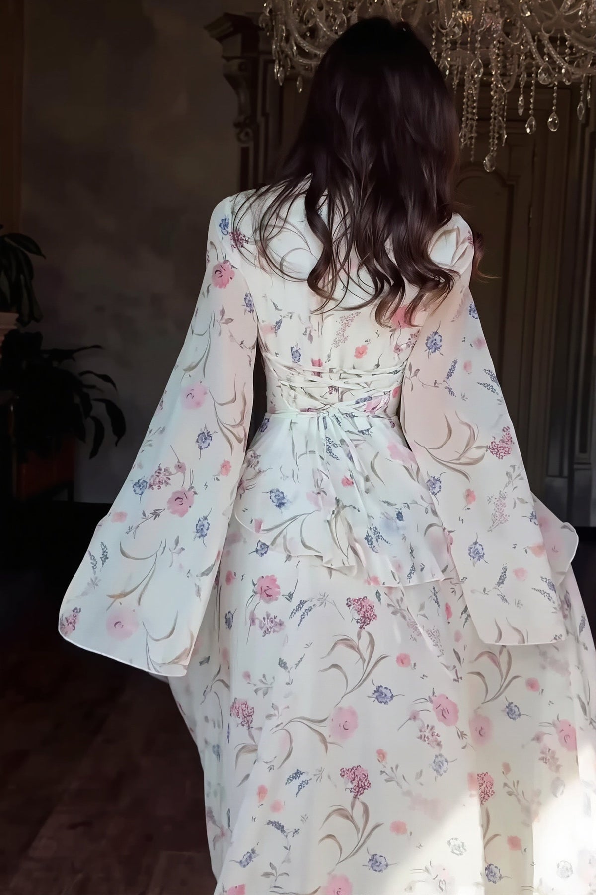 Floral High Neck Long Sleeve Tiered Maxi Gown