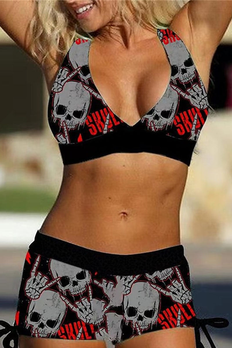 🔥Vintage Skull Print Side Drawstring Two-Piece Swimsuit - Fashionpara