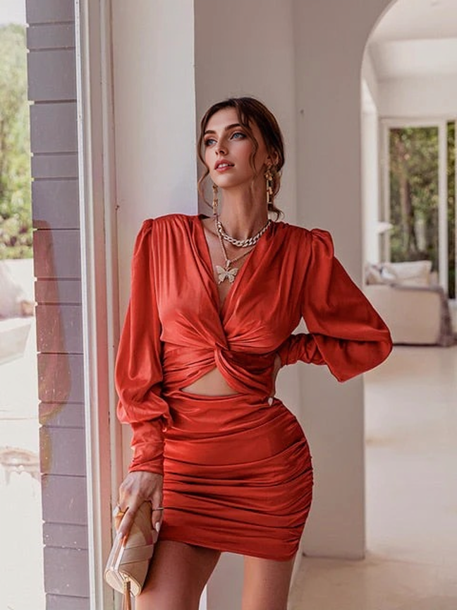 Satin V-Neck Lantern Sleeve Cutout Bodycon Mini Dress 15