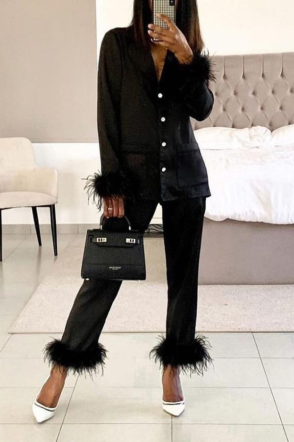 Solid Color Lapel Feather Trousers Two-piece Suit - Fashionpara