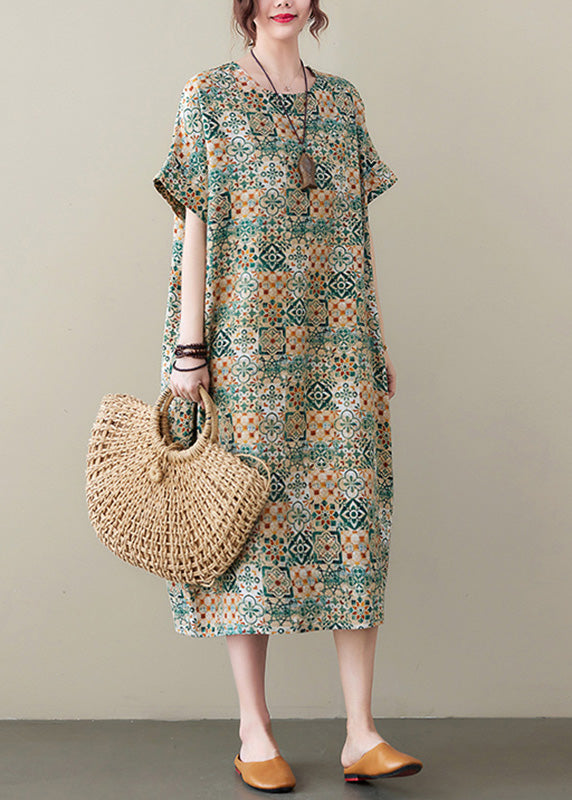 Geometric Mosaic Print Crew Neck Short Sleeve Shift Midi Dress
