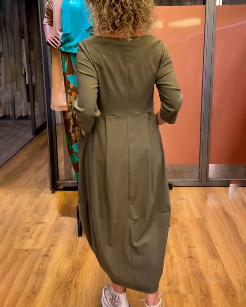 Boat Neck Three Quarter Sleeve Pleated Cocoon Midi Dress - View 3
