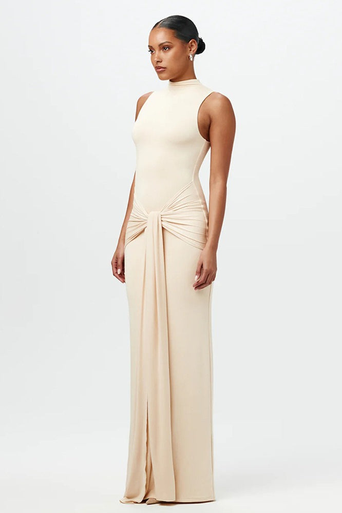 Chic Solid Crew Neck Sleeveless Tie Bodycon Dress