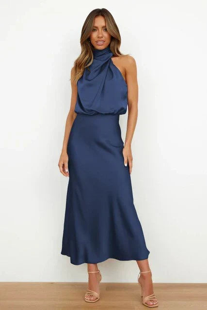Satin Mock Neck Cowl Drape Sleeveless Bias Cut Midi Cocktail Dress - View 3