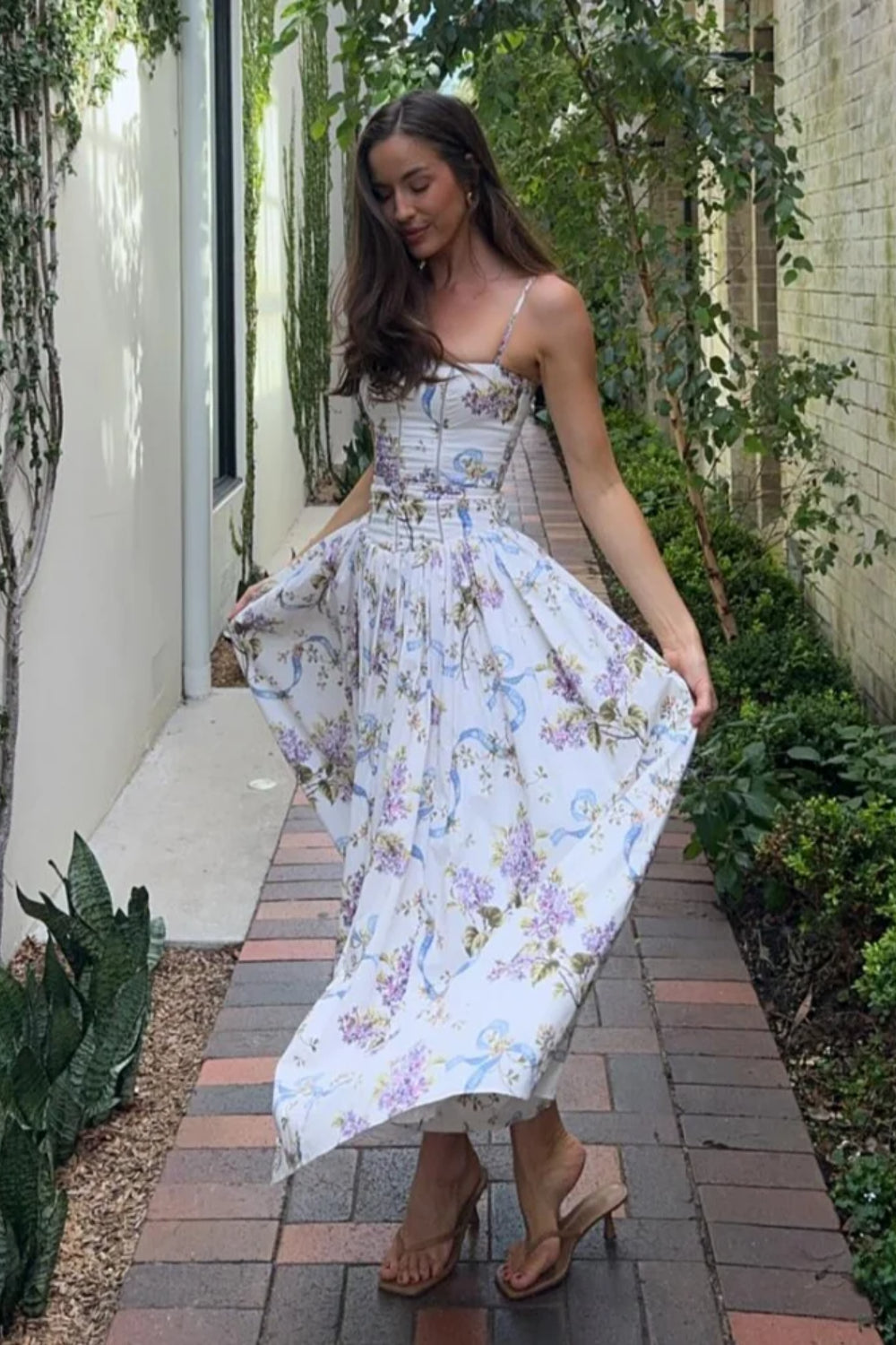 Rayon Printed Strap Pleated Chic Maxi Dress