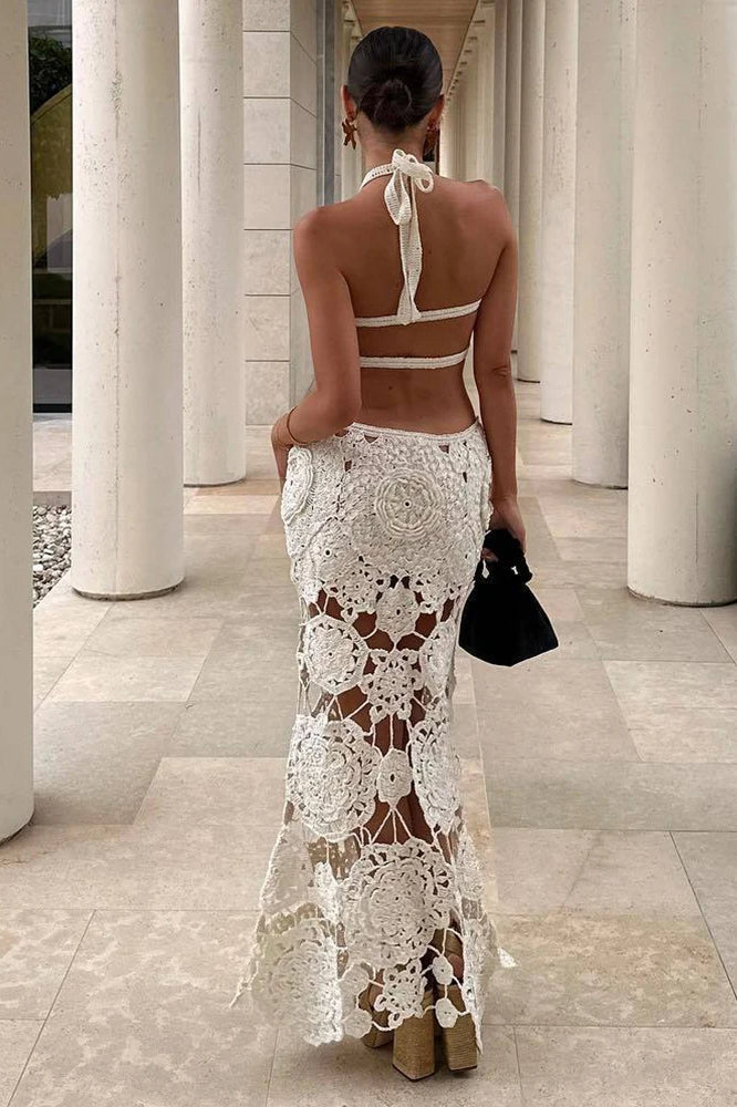 Crochet Halter Neck Side Cut Out Bodycon Maxi Dress - View 4