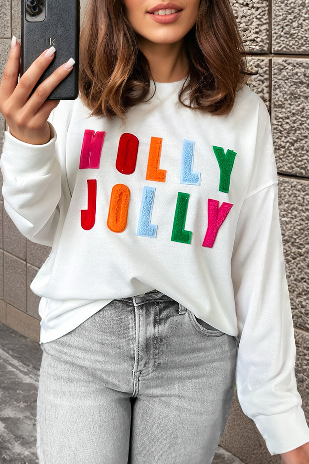 Bonbon Chenille Holly Jolly Graphic Long Sleeve Top