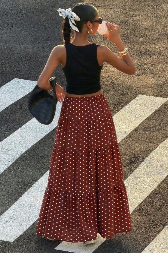 Polka Dot Ruffle Maxi Skirt