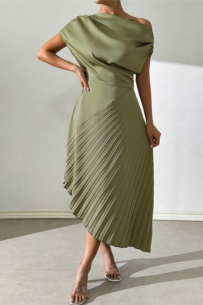 Satin One Shoulder Ruched Pleated Asymmetric Midi Dress