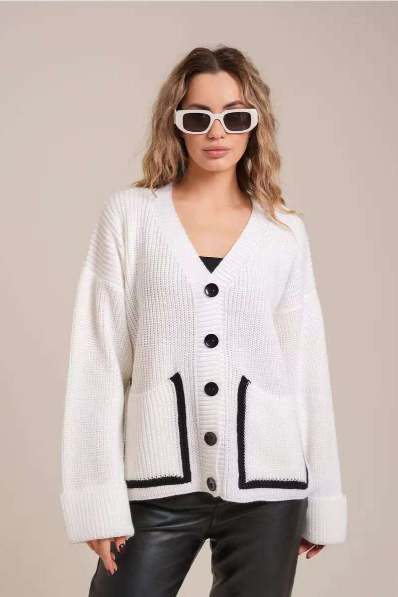 Colorblock V-Neck Knit Cardigan with Practical Pockets