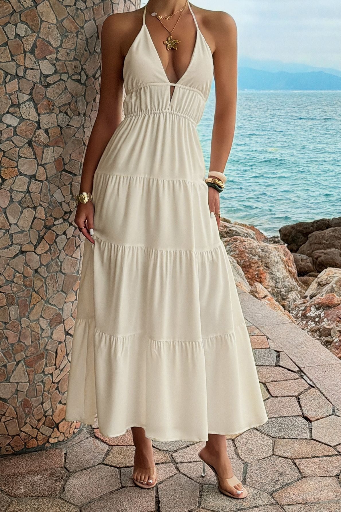 Halter Deep V-Neck Backless Tiered Maxi Dress 6