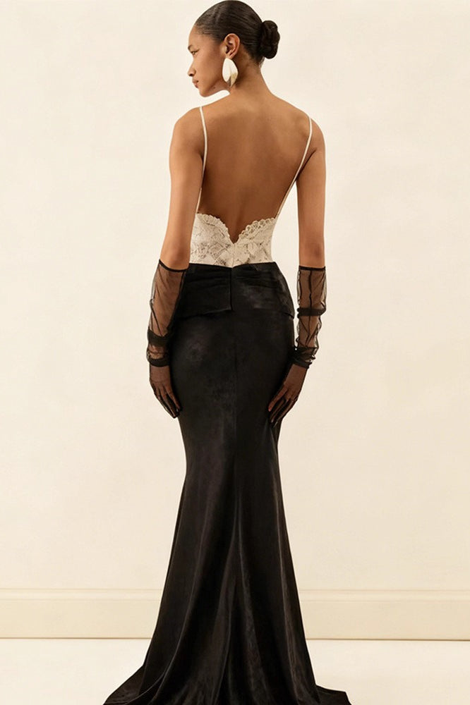 Lace Bodice Spaghetti Strap Draped Mermaid Gown
