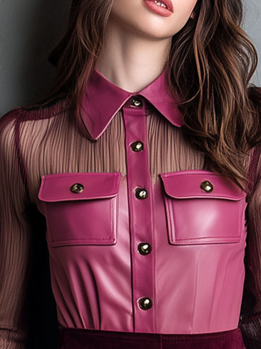 Rose Pink Eco Leather & Sheer Mesh Blouse With Pockets - Fashionpara