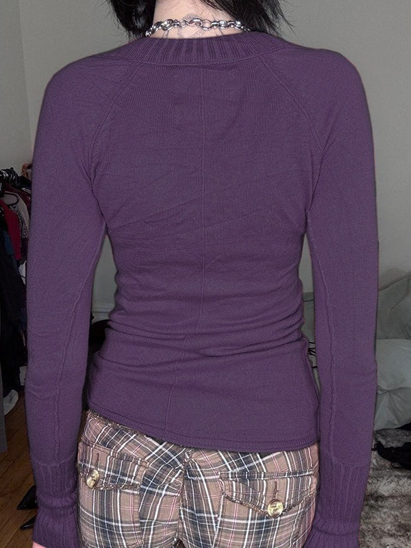 Ribbed Deep V Neck Knit Blouse