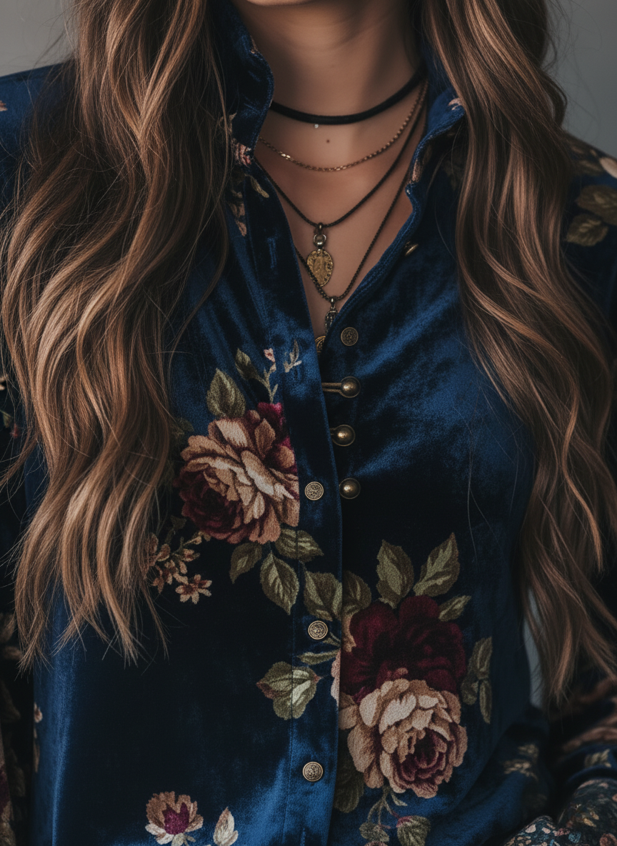 Retro Gold Velvet Floral Print Button-Up Blouse - Fashionpara