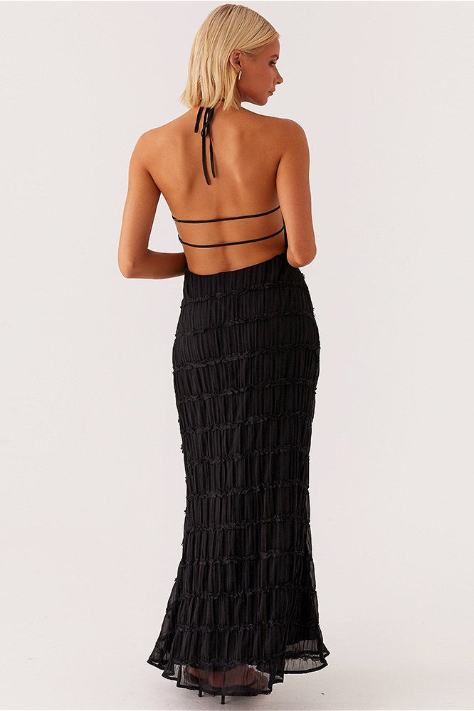 Backless Ruched Pleated Maxi Dress