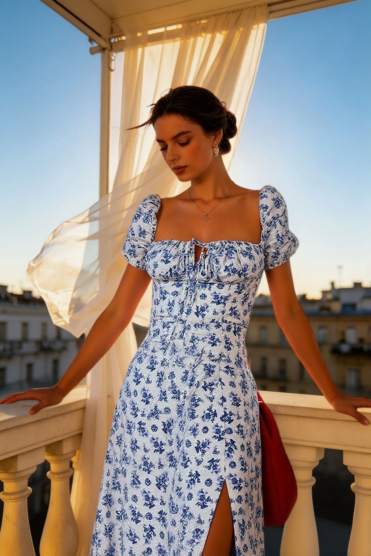 Floral Print Square-Neck Puff-Sleeve Corset Split Maxi Dress