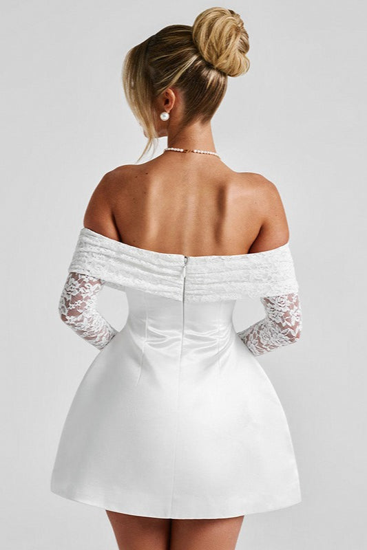 Satin Lace Off Shoulder Long Sleeve Fit and Flare Mini Dress
