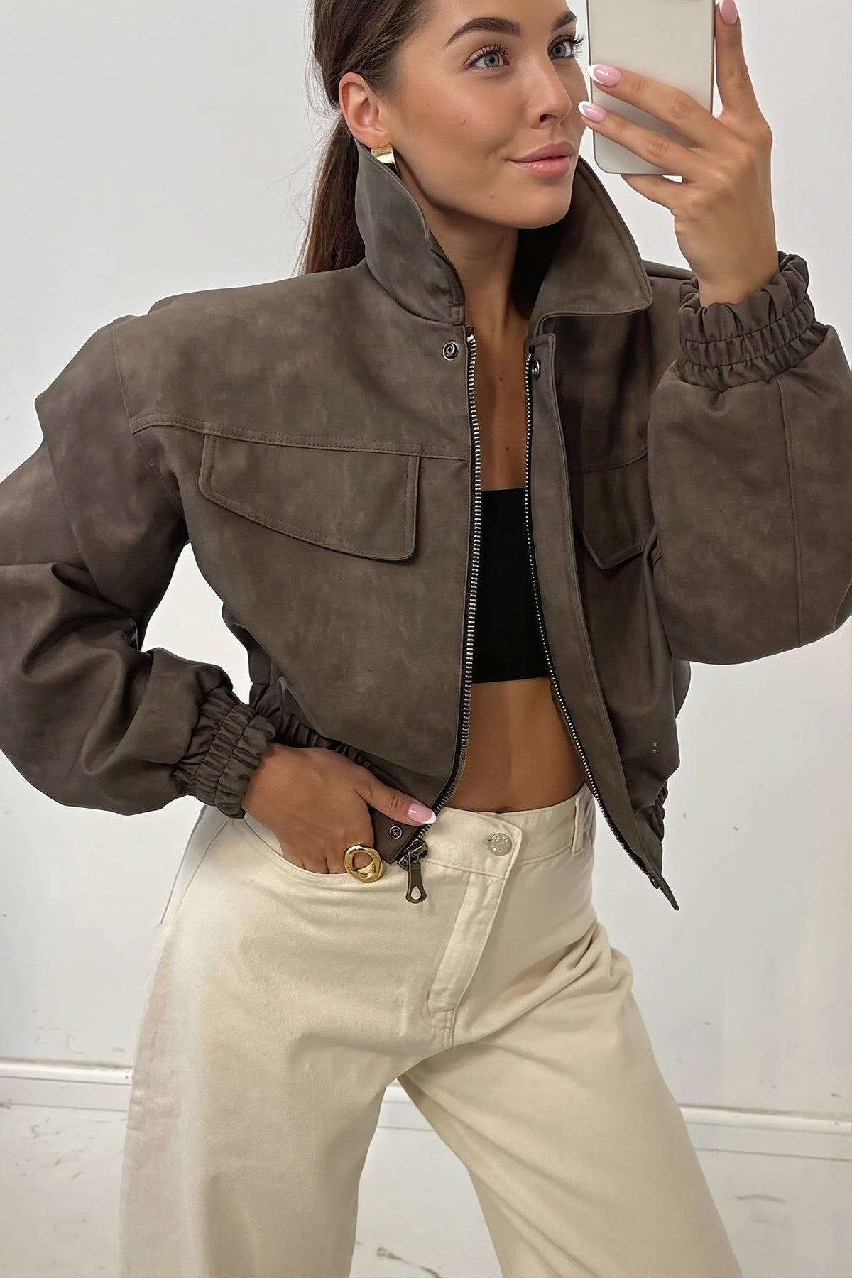 Suede Look Utility Bomber Jacket