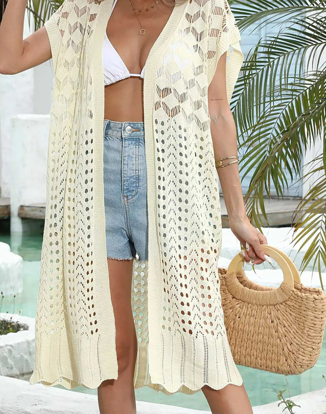 Short Sleeve Hollow Crochet Beach Cover Up