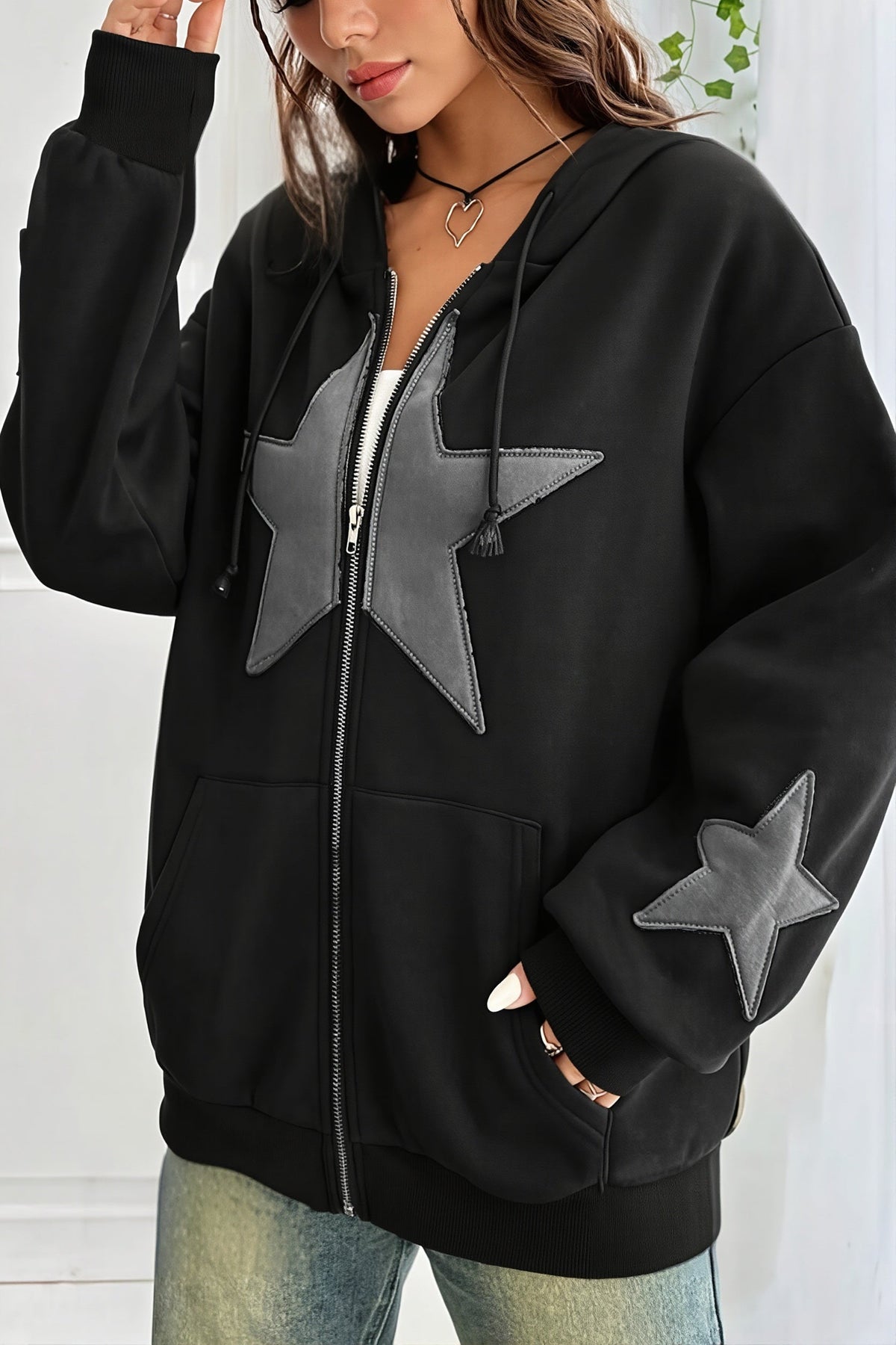 Star Contrast Oversize Zip Hoodie 5