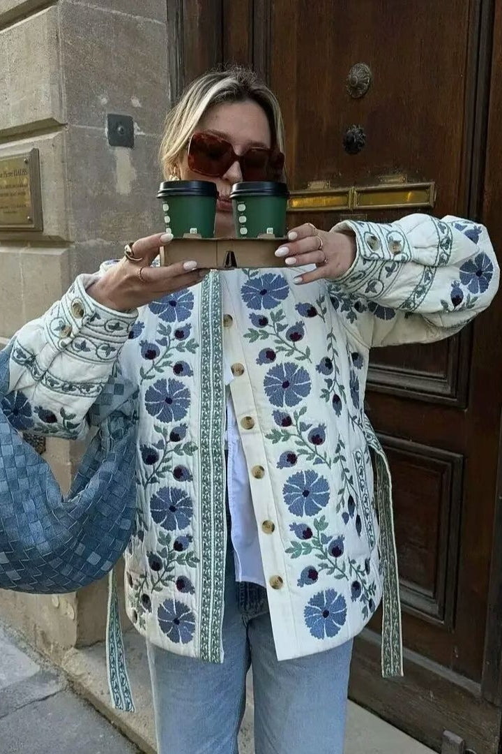 Floral Print Cotton Puffer Coat with Tie Waist for Style