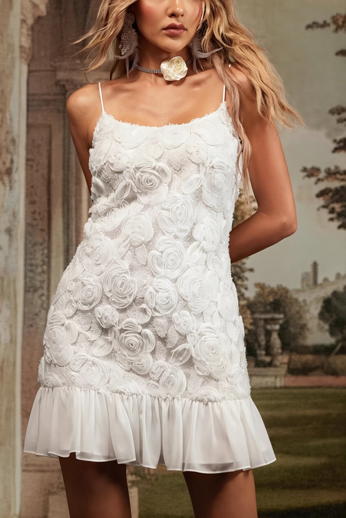 Rosette Textured Cami Ruffle Hem Mini Dress 3