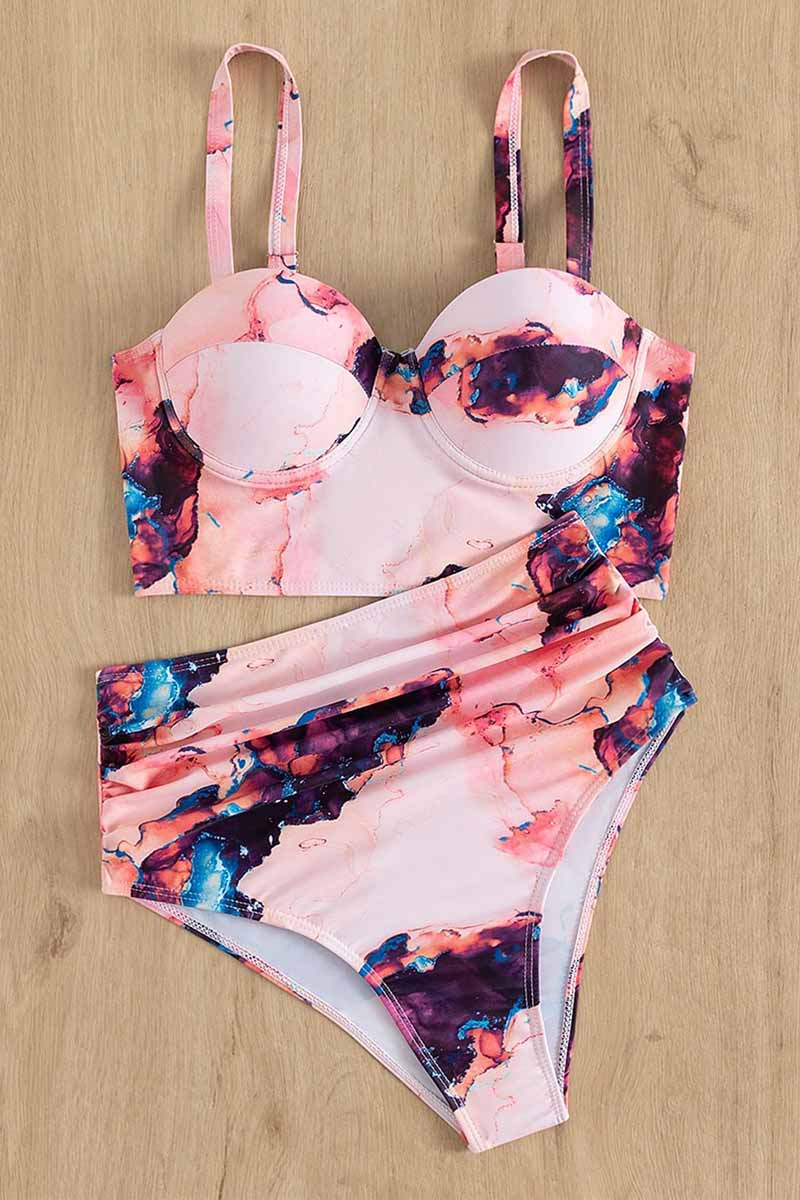 Marble Print Ruched Push Up Two Piece Swimsuit - Fashionpara
