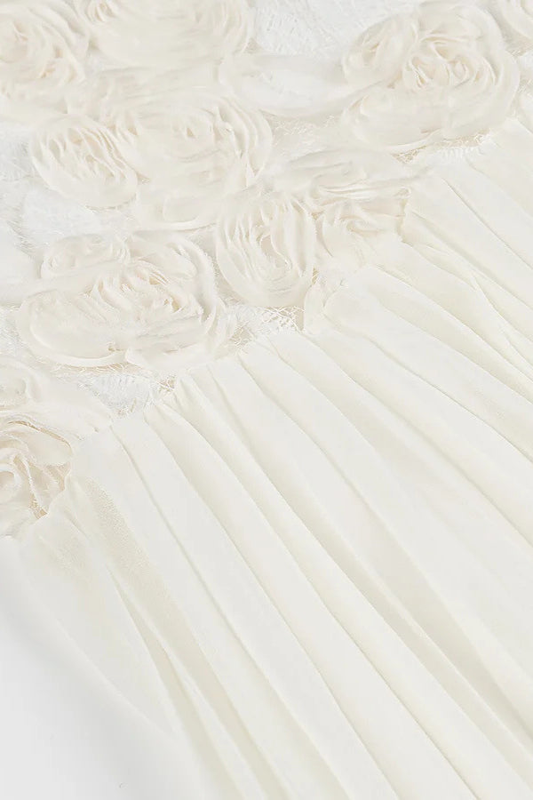Floral Appliqué Spaghetti Strap Pleated Drop Waist Maxi Gown 4