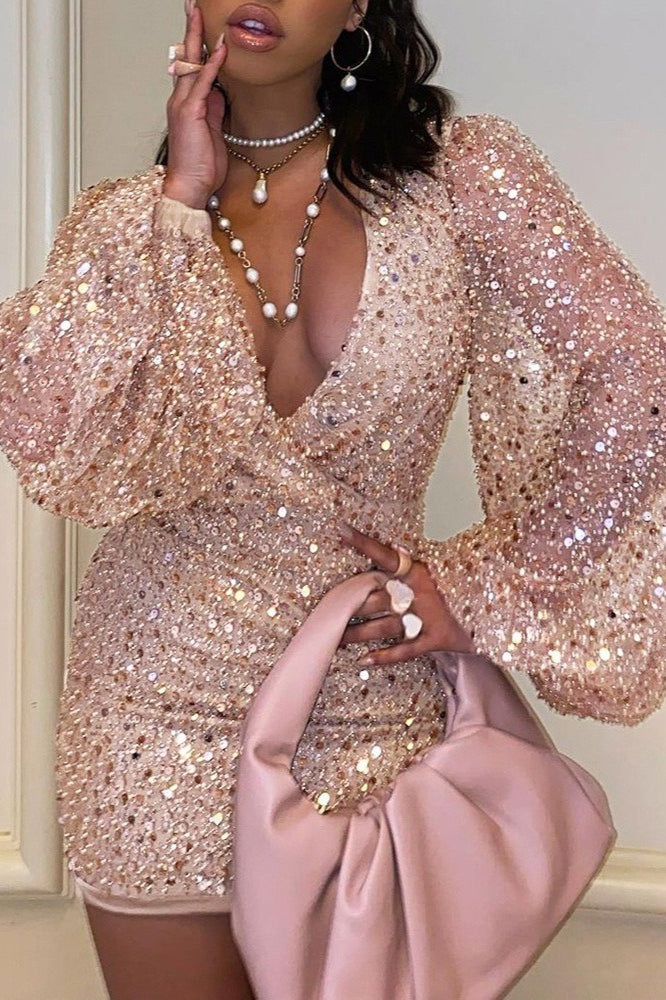 Sequin Deep V-Neck Bishop Sleeve Ruched Bodycon Mini Dress