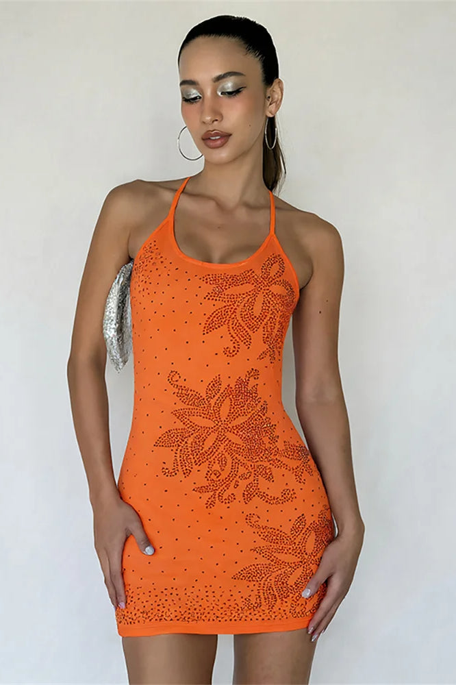 Rhinestone Floral Halter Neck Bodycon Mini Dress - View 2