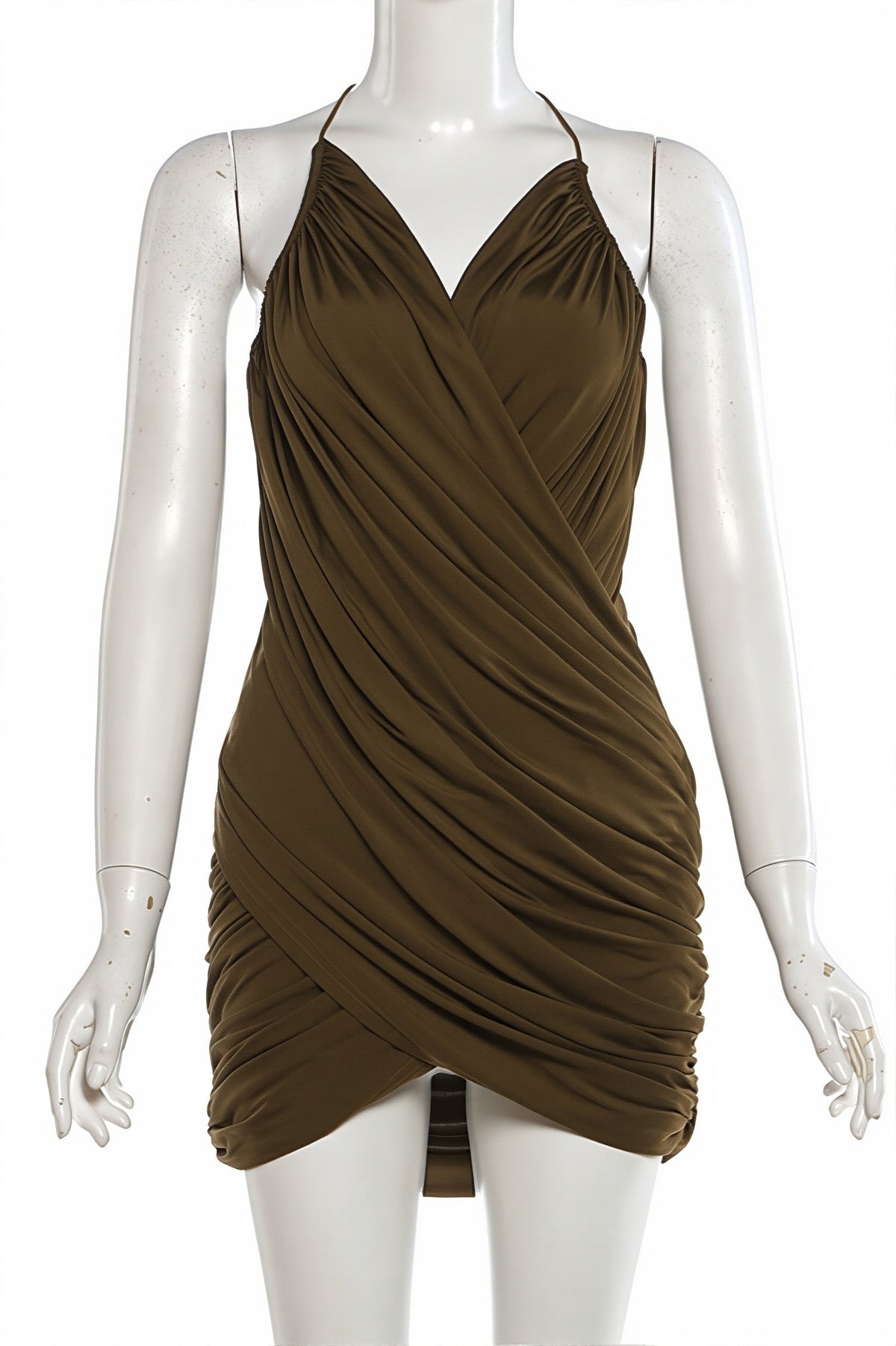 Draped Deep V-Neck Cowl Wrap Mini Dress 6