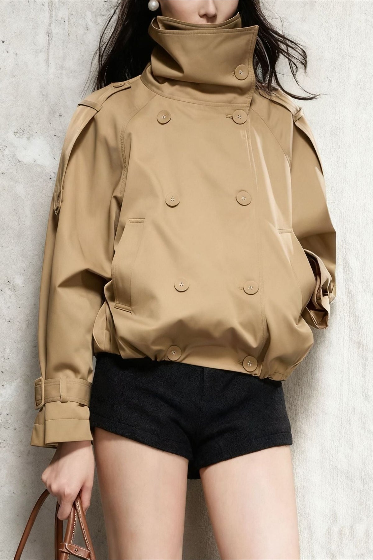 Stand Collar Double Breasted Khaki Cropped Coat