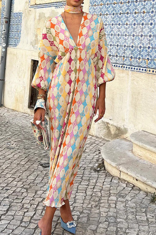 Geometric Print V-Neck Puff Sleeve Kaftan Maxi Dress