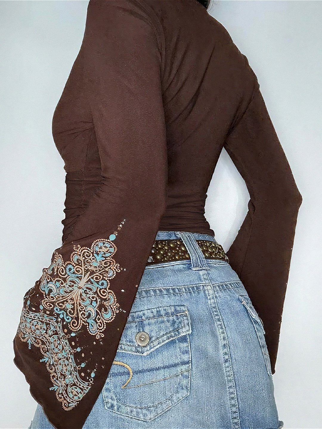 Vintage V Neck Printed Long Sleeve Blouse