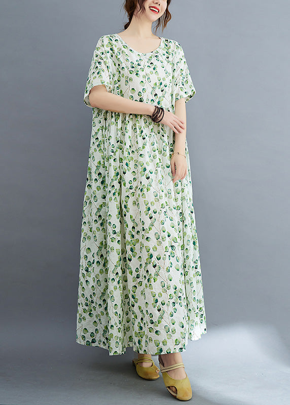 Leaf Print Round Neck Short Sleeve Empire Waist Oversized Maxi Dress