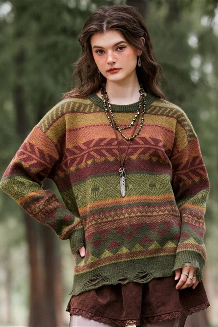 Distressed Geometric Knit Sweater
