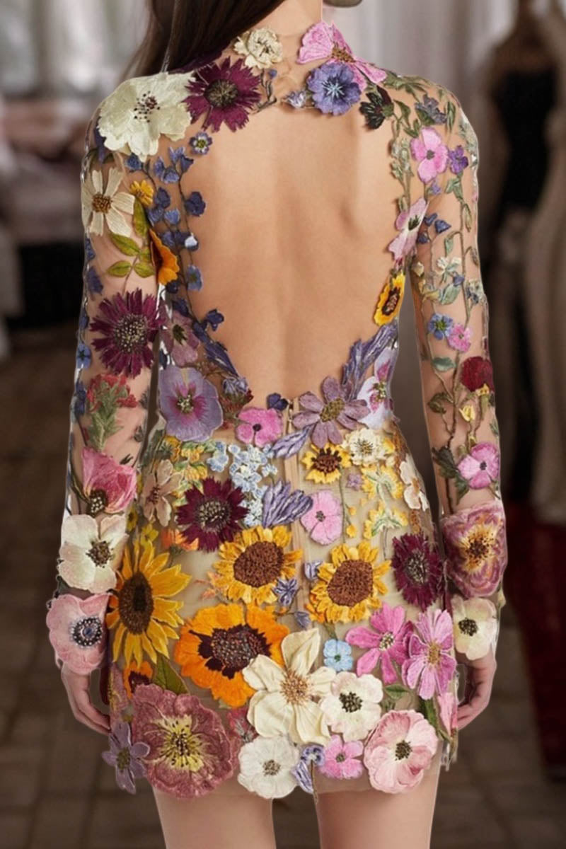 3D Lace Flower Embroidered Long-sleeved Fitted Dress - Fashionpara